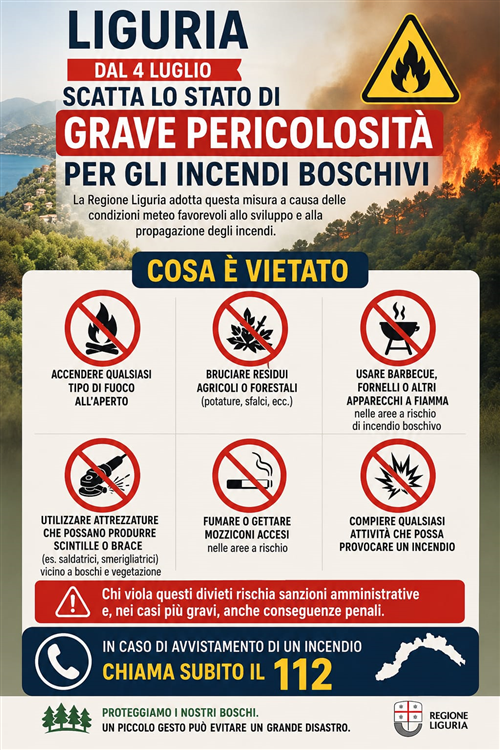 Dichiarazione dello stato di grave pericolosità per gli incendi boschivi su tutto il territorio della Regione Liguria a partire dalle ore 00:01 di sabato 4 luglio 2026